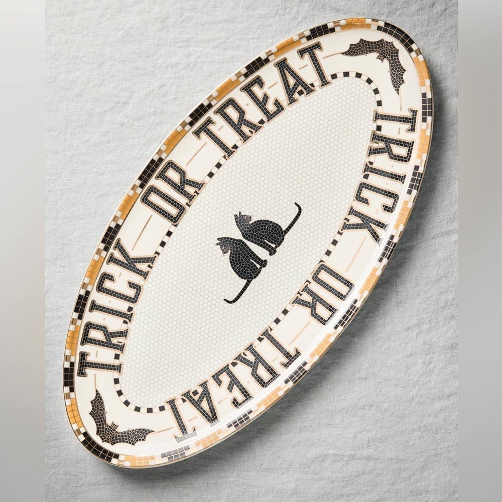 Anthropologie home Bistro Tile Stoneware Serving Platter Halloween Edition cats